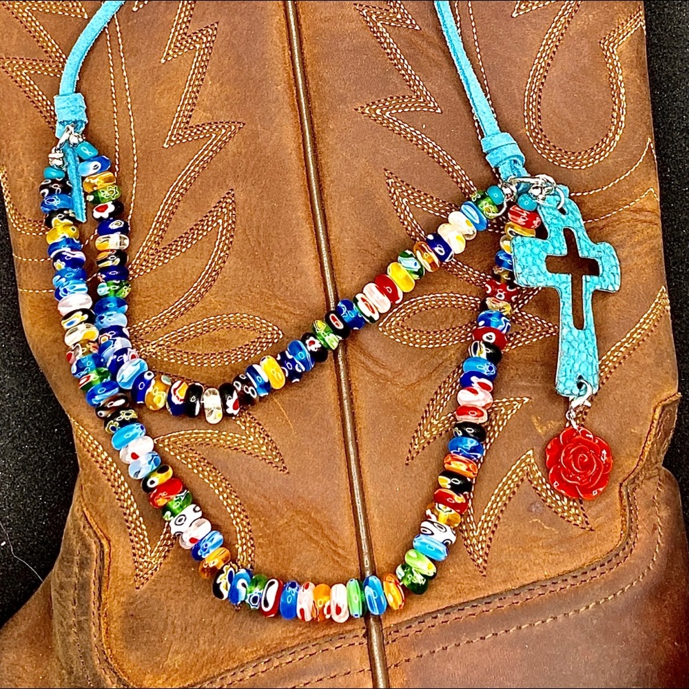 Awesome!! REAL LEATHER AND GLASS BEAD DOUBLE STRAND NECKLACE